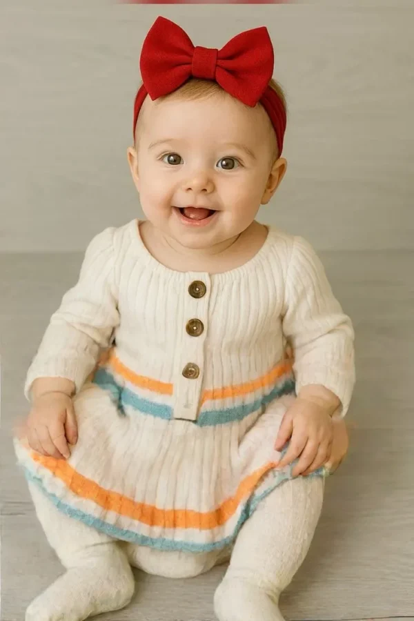 Cozy Cream Knit Baby Dress with Pastel Stripes