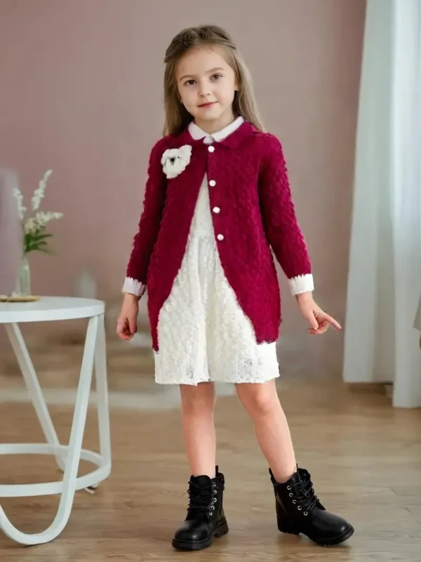Elegant Maroon Cardigan & White Lace Dress Set