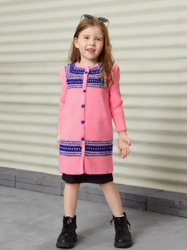 Pink & Purple Woolen Dress with Front Buttons
