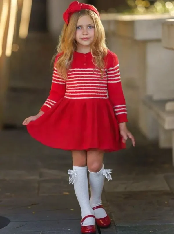 Red Knitted Striped Top with Bow Detail (Copy)