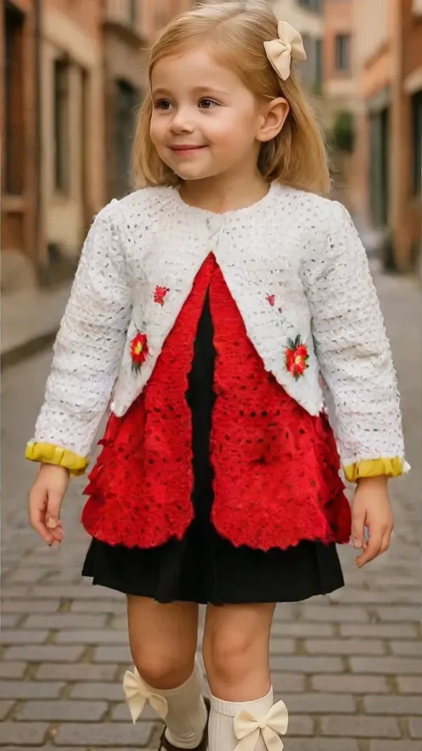 Girls Red & White Knitted Cardigan Dress