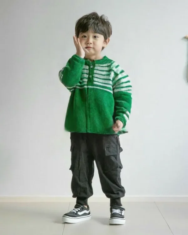 Green Striped Hand-Knitted Woolen Hoodie for Boys