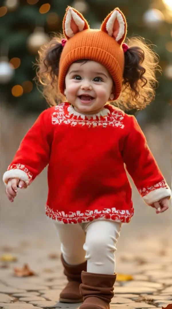 Baby Girl Autumn Red Knit Dress with Fox Hat